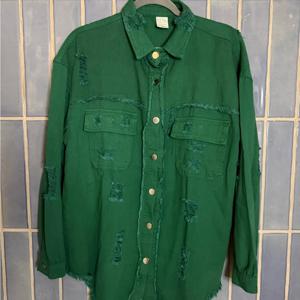 Boutique Distressed Green Women’s Button-Up Shirt Denim Jacket